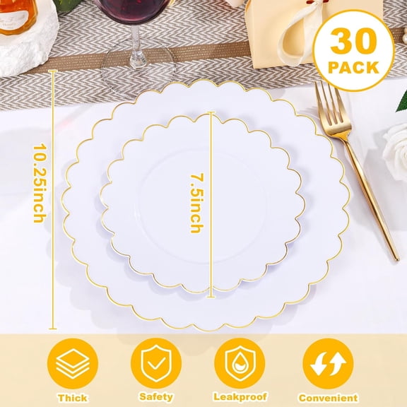 SHILIU-LIYH 60 Pcs Gold White Plastic Plates Scalloped Plastic Holiday Plates Disposable Gold Combo Plate Includes 30 Dessert & 30 Dinner Plate Dishes Tableware for Christmas Day