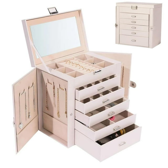 Joyero de 6 Niveles con 5 Cajones Gran Capacidad - Caja de Joyas, Almacenaje de Joyas, Interior con Espejo, Alajero Organizador de Joyas para Anillos, Collares, Relojes, Pulseras y Aretes
