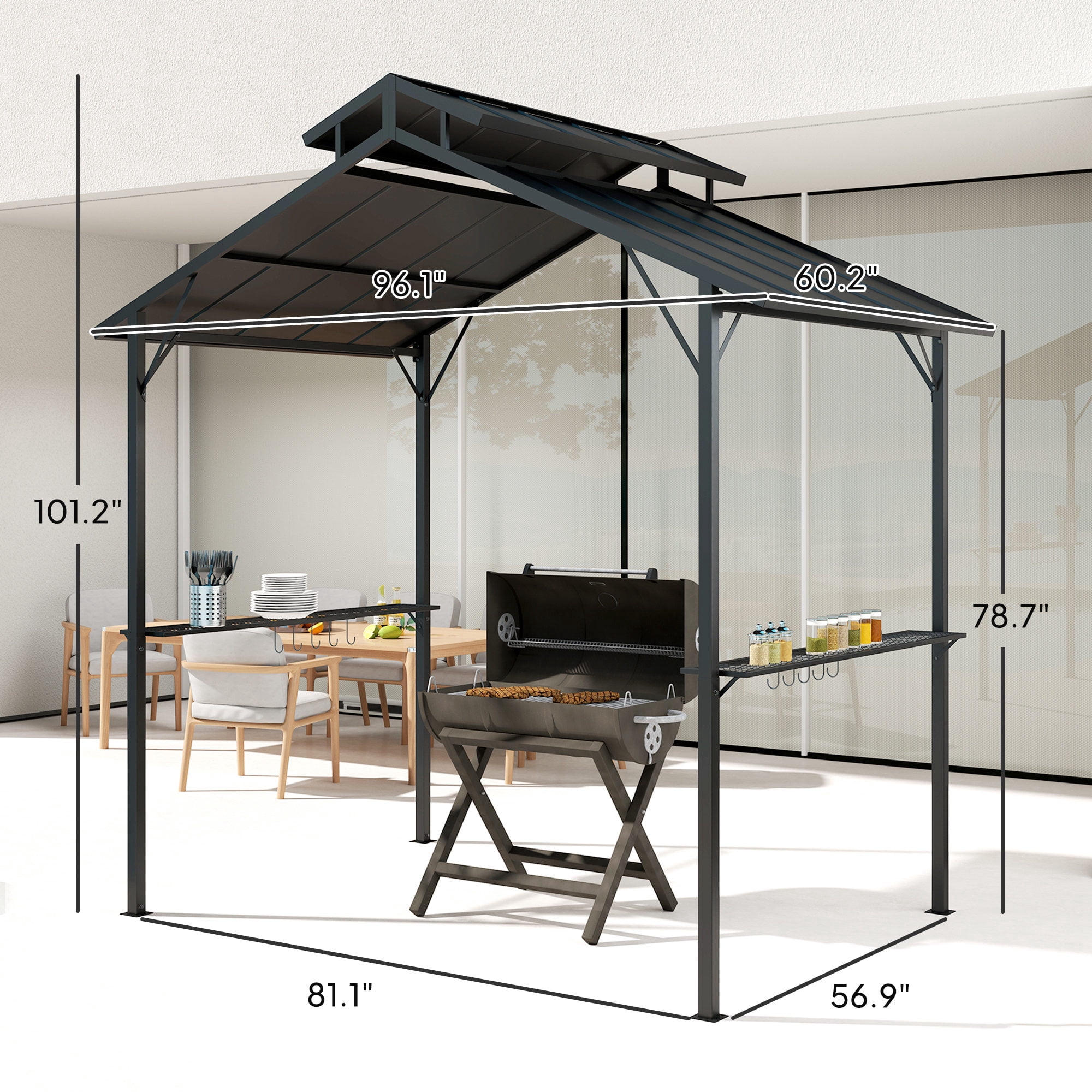 Outsunny 8 x 5ft Hardtop Grill Gazebo, Outdoor BBQ Gazebo with Double Metal Roof, 2 Side Shelves and 10 Hooks for Patio Backyard Lawn Deck