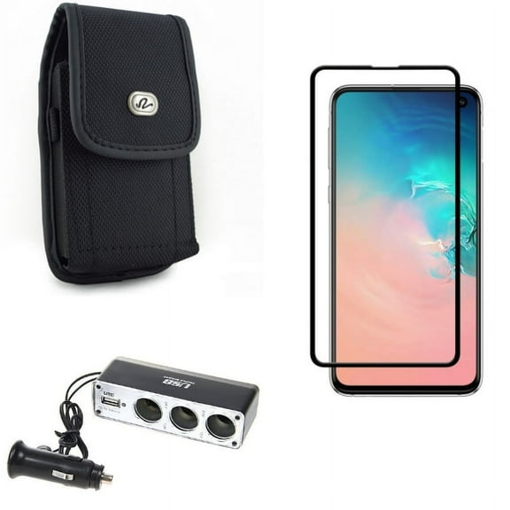 Galaxy S10e Car Charger Splitter w Case Belt Clip w Screen Protector - DC Socket USB Port Power, Rugged Holster Canvas, Tempered Glass 5D Curved Edge for Samsung Galaxy S10e Phone