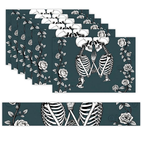 7 Piece Linen Table Runner and Placemats Set, Skeleton Couple Roses Round Corner Heat Resistant Washable Table Mats for Home Kitchen Dining Party Decoration