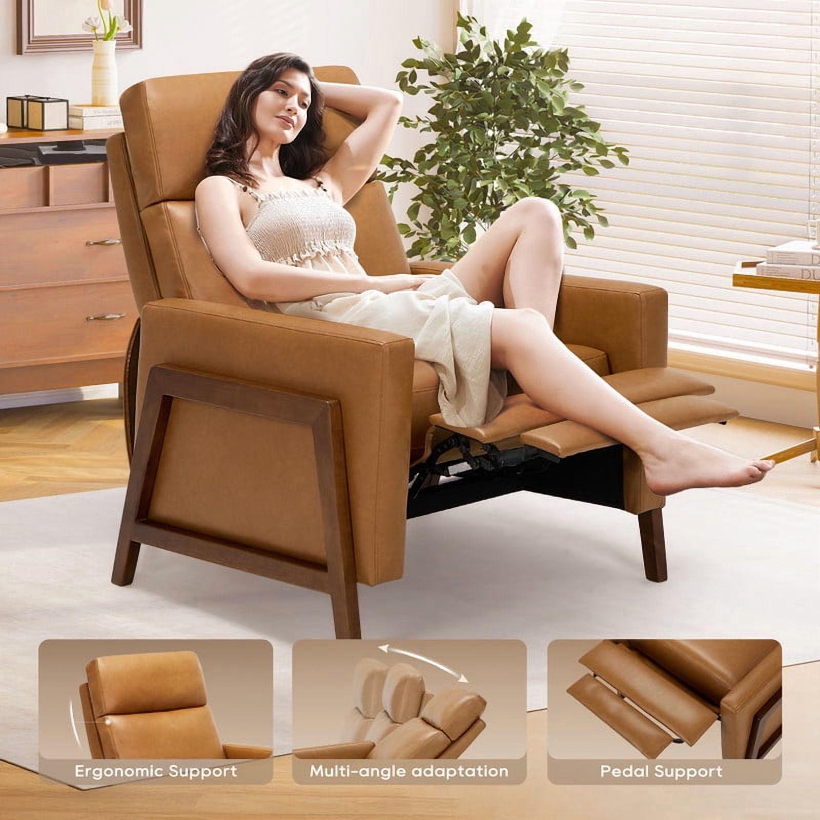 COLAMY Recliner Chair for Living Room, Brown Mid-Century Modern Push Back Recliner, Faux Leather Accent Armchair with Solid Wood Legs and Padded Seat for Small Spaces, Reading Chair