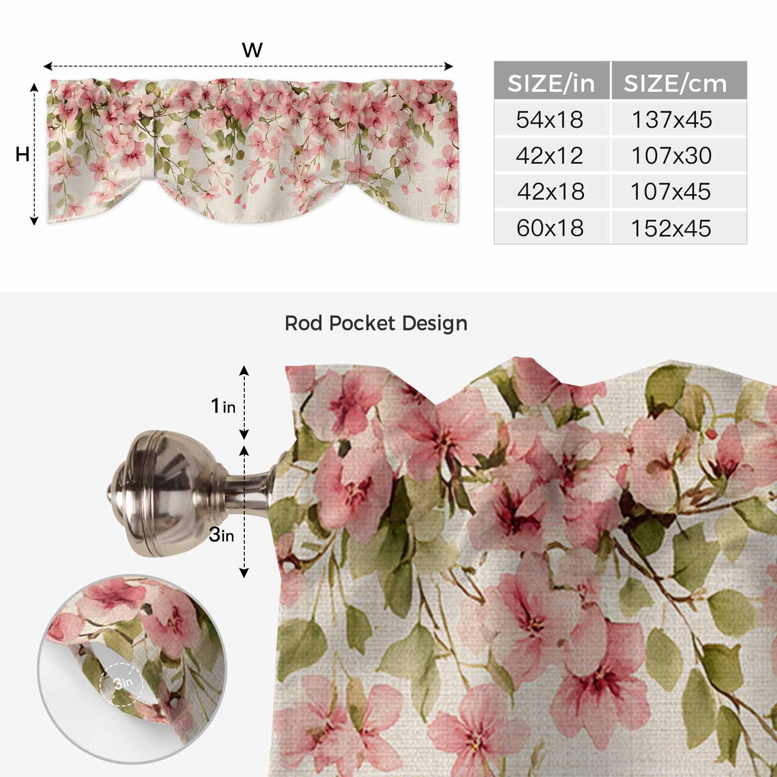 Spring Floral Tie Up Valance for Windows, Pink Flowers Green Leaves Linen Texture Adjustable Rod Pocket Tie Up Valance Curtains Window Treatment for Kitchen Bathroom Bedroom 60 X 18 Inch