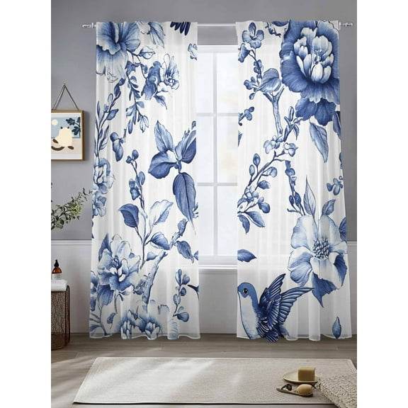 White Blue Spring Floral Sheer Curtains for Living Room Bedroom Summer Botanical Hummingbird Sheer Curtains 96 Inch Long 2 Panels Set Light Filtering Curtain Window Treatments Drapes for Dining Room