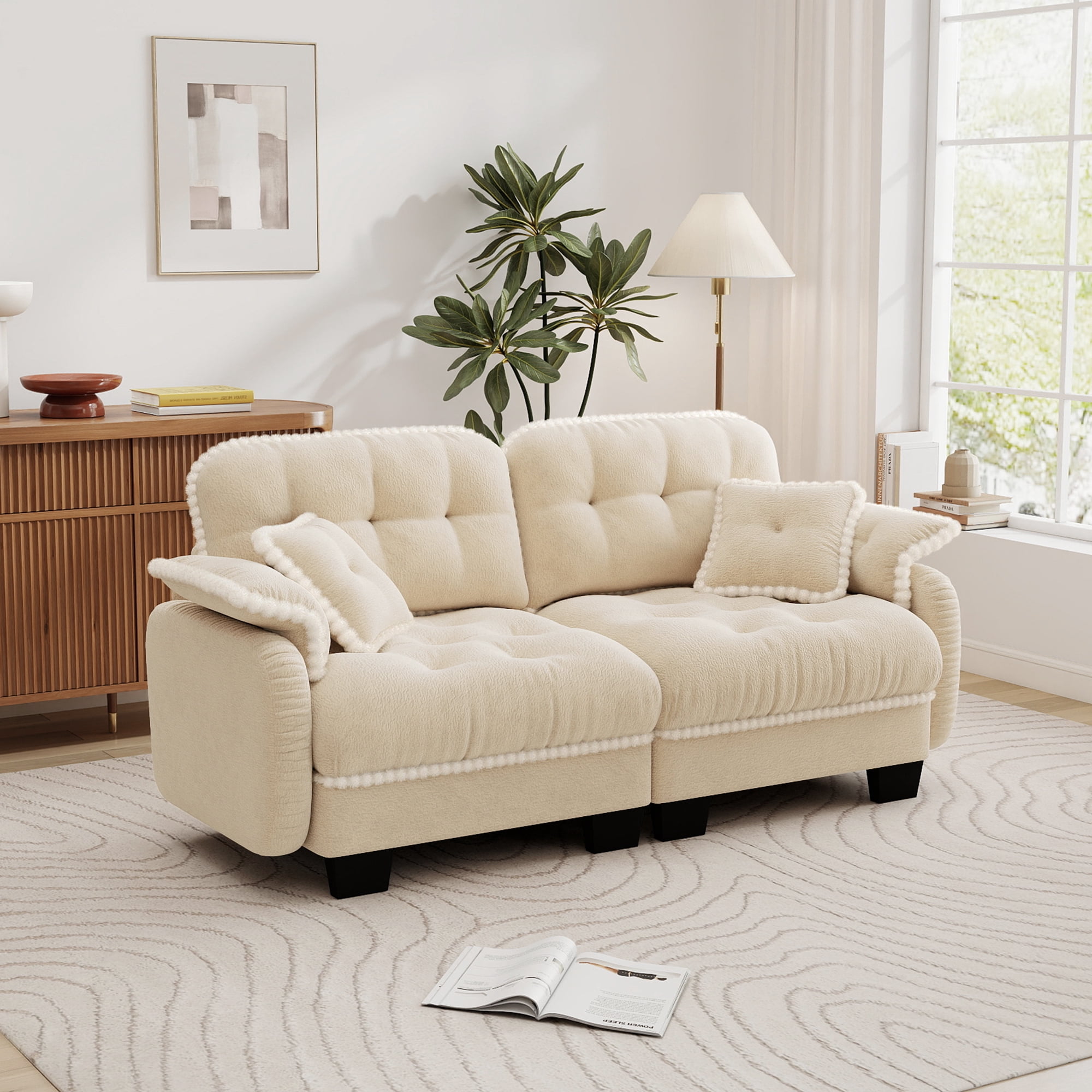 Aenkyo 70" Chenille Modular Loveseat with 23.8" Deep Seat and Pom-Pom Trim, Beige