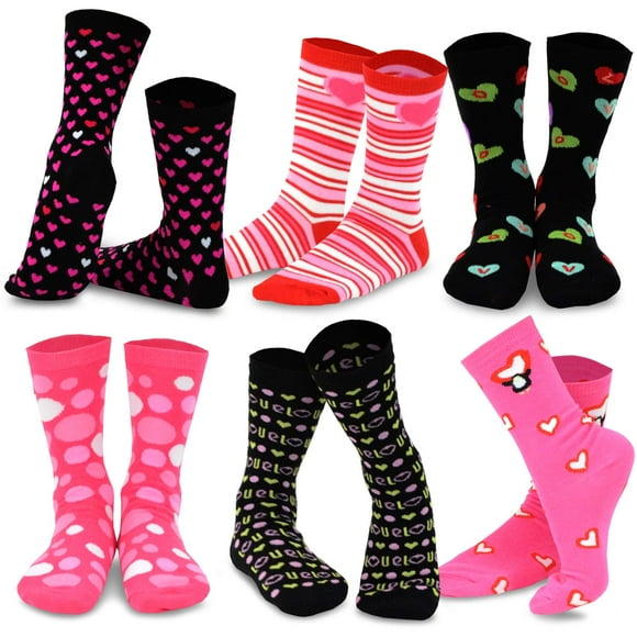 Valentine's Day Heart and Love Women's Crew Socks 6-Pack (Pink and Black)