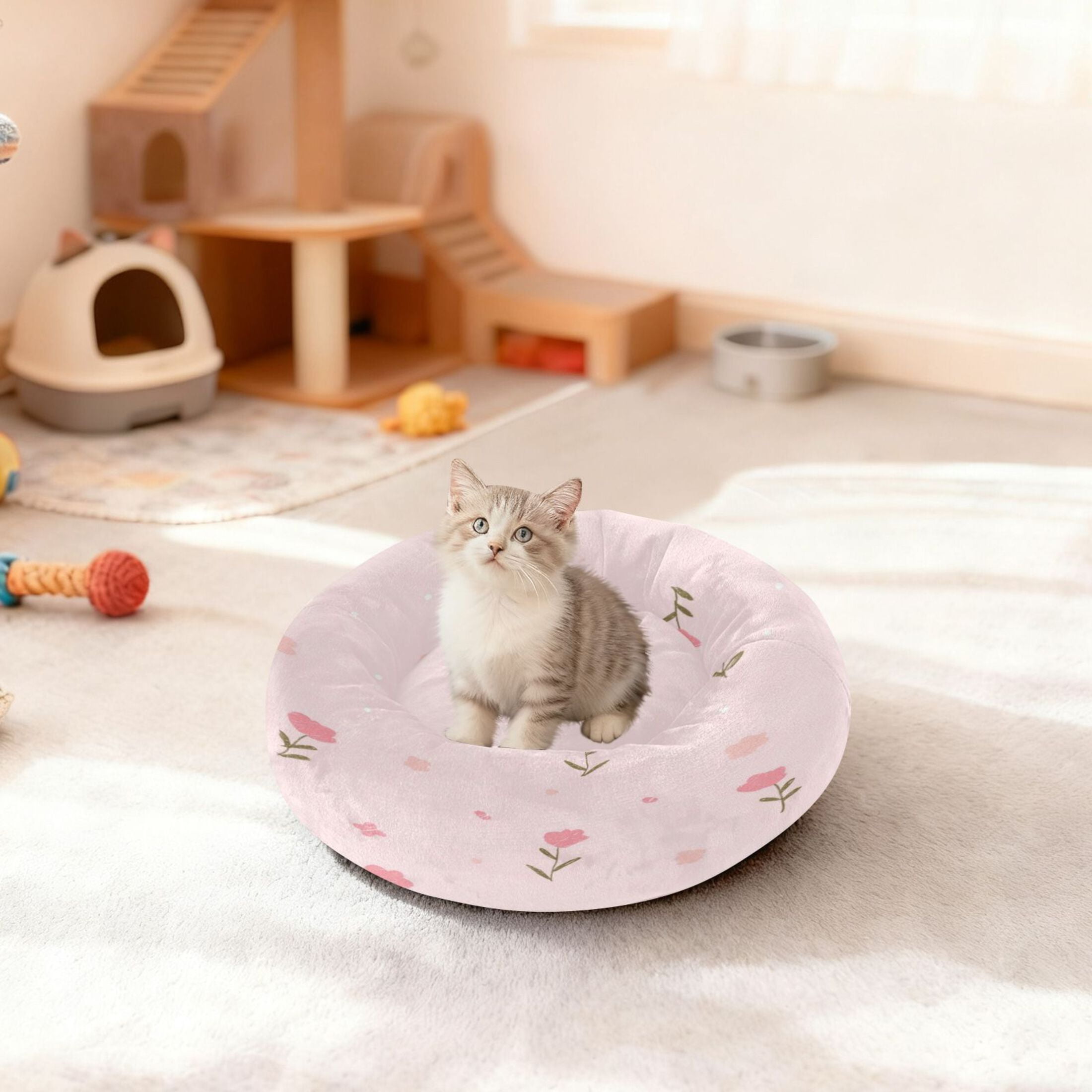 Iauyy Pet Couch Donut Cat Bed for Indoor Cats/Small Dogs Washable & Machine with Non-slip Bottom Calming Cat Furniture, The Atmosphere Of Spring (S)