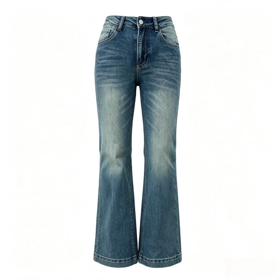Women's High Waisted Flare Jeans with Wide Stitched Hem Detail, Medium Blue Wash Bootcut Denim Pants for Fall Casual Wear