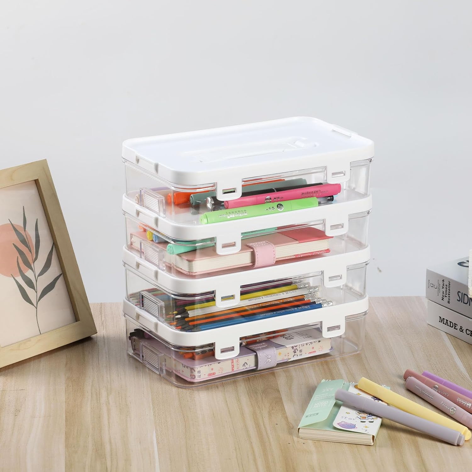 IBEQUEM 4Pcs Clear Plastic Storage Container with Lid & Handle, Multipurpose   Stackable Storage Organizer Box for Office Home Use-10 x 6 x 2.6 inch