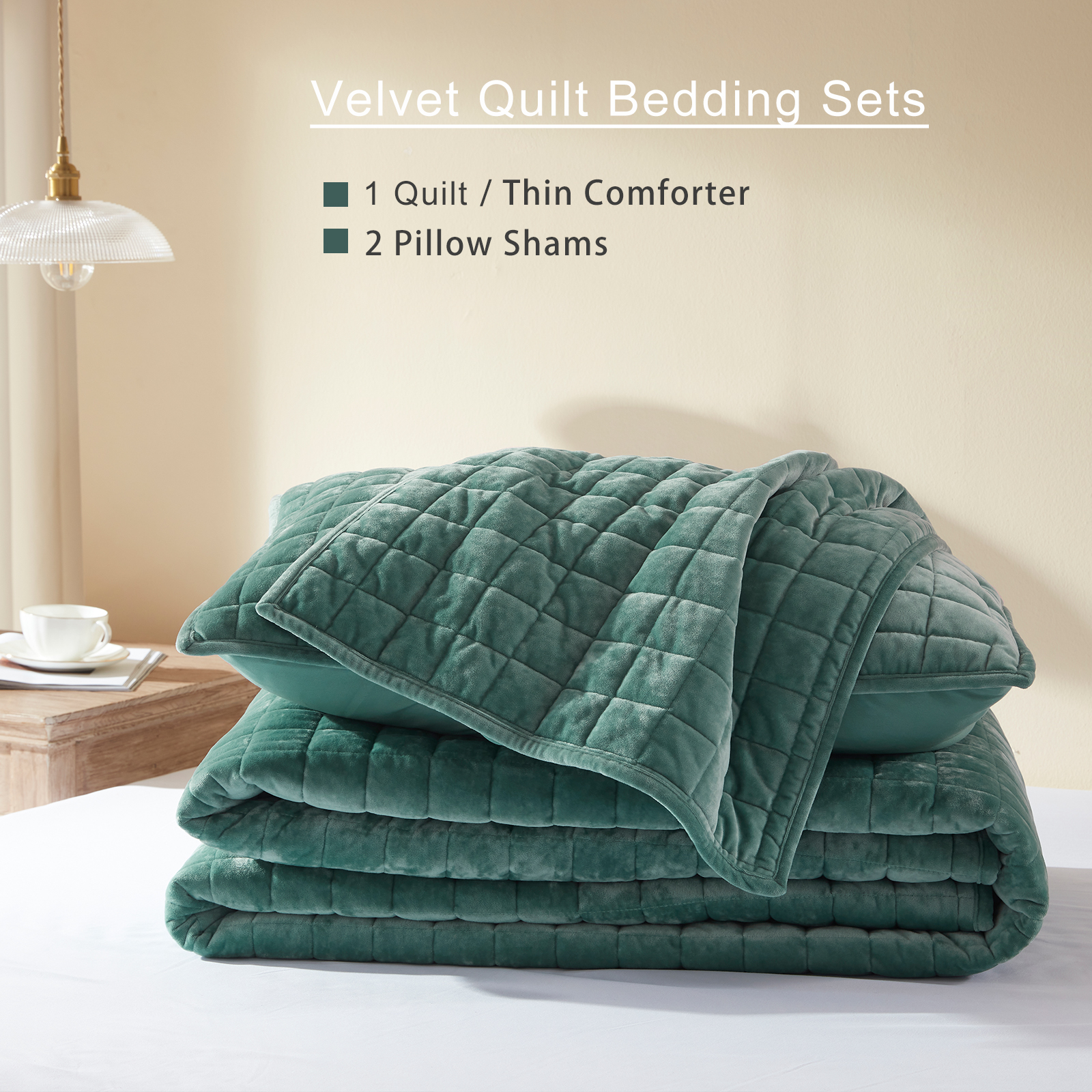 Velvet Quilt California King-118''x106'', Lightweight Aqua Green Velvet Comforter Set with 2 Pillow Shams, Soft Oversized Bedspread Coverlet Quilted Bedding Set for All Season
