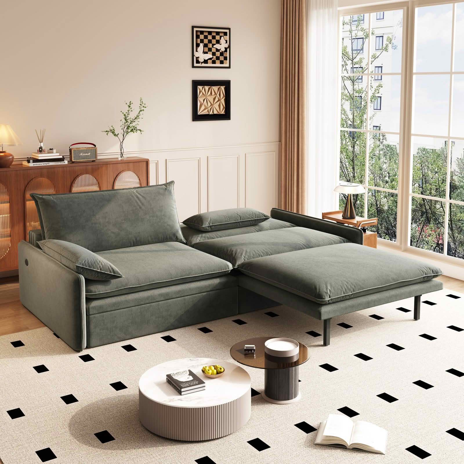 MAYEERTY 81.1" 4‑Seat Convertible Sleeper Sofa Bed, Cloud‑Like Chenille Couch with Storage, USB Port and 2‑in‑1 Pillows