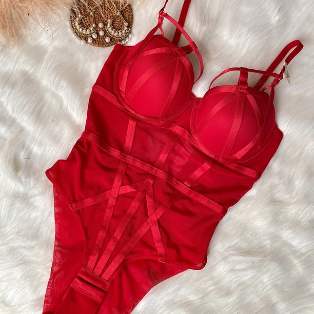 Mono de microcuerpo ajustado con sujetador de encaje de tentación sexy de estilo francés Ropa interior de una pieza de corte entallado francés