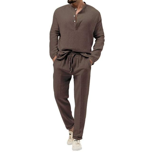 Ensemble de 2 Pcs pour Hommes, T-Shirt à Manches Longues et Col Rond, Mode Décontractée, Couleur Unie, et Survêtement Ample