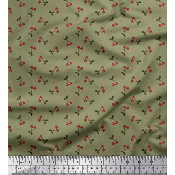 Soimoi Poly Georgette Fabric Dot,Leaves & Cherry Fruits Fabric Prints by Yard 42 Inch Wide