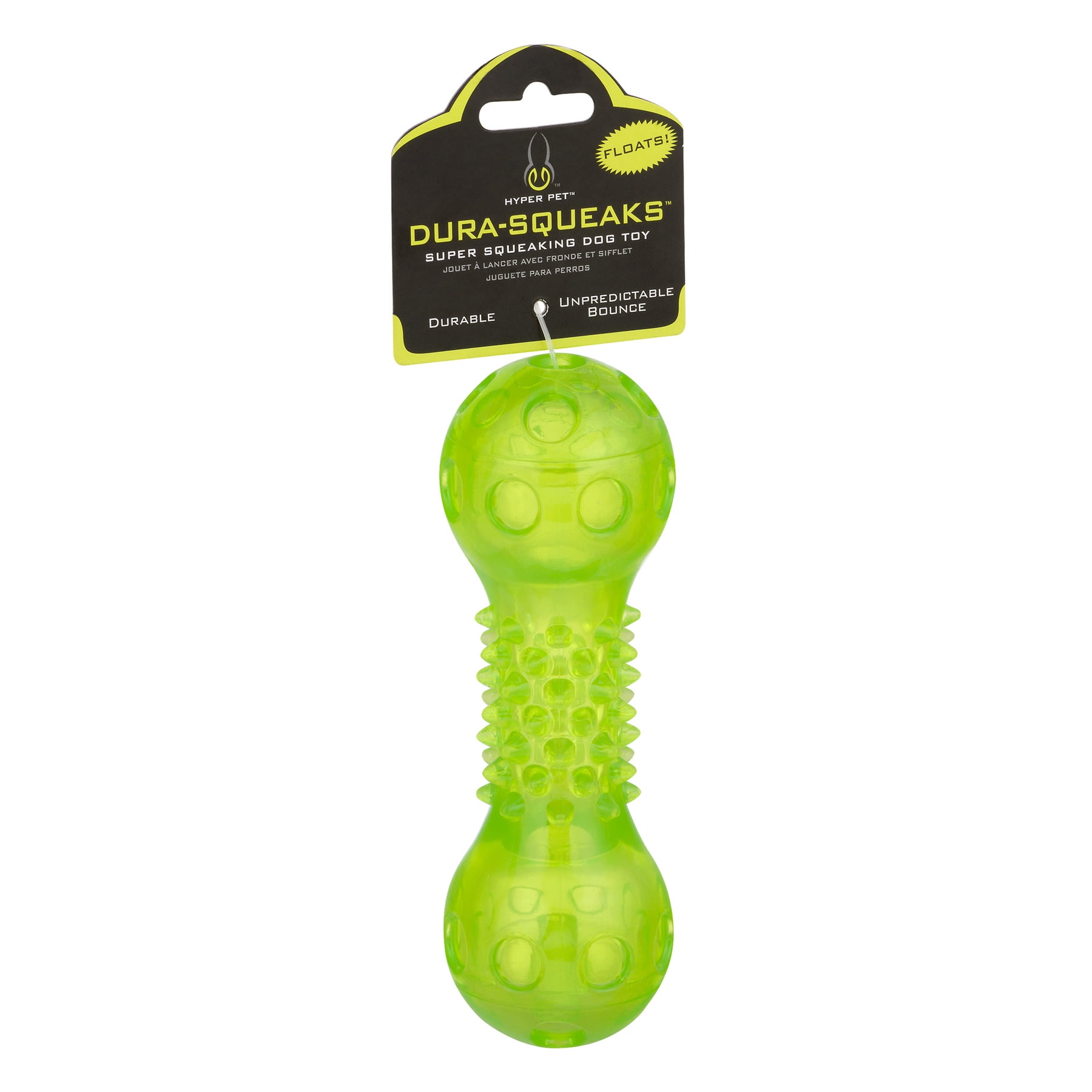 Hyper Pet Dura-Squeaks Durable Non-Toxic TPR Bouncing Super Squeaky Dog Toy, Barbell, Green