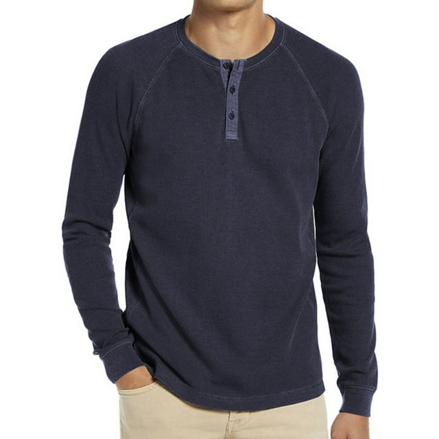 Innerwin Blouse Long Sleeve Mens Summer Tops Beach Solid Color Casual T Shirts Navy Blue L