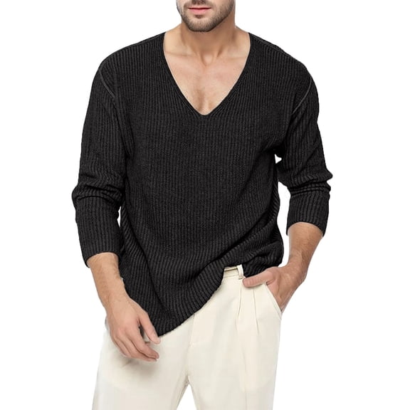 Tisuna Men'S Long Sleeve T-Shirts Loose V Neck Tops Men Solid Tees For Daily Wear Size L