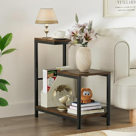 Corner Table G-Shaped End Table Small Side Table for Living Room, Bedside Table with Storage Shelf, Corner Tables for Small Spaces, Balcony, Couch, Bedroom, Rustic Brown