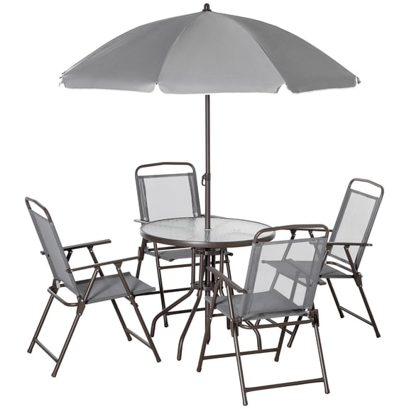 6 Piece Patio Dining Set with Umbrella, Outdoor Table and Chairs with 4 Folding Dining Chairs & Round Glass Table for Garden, Backyard and Poolside