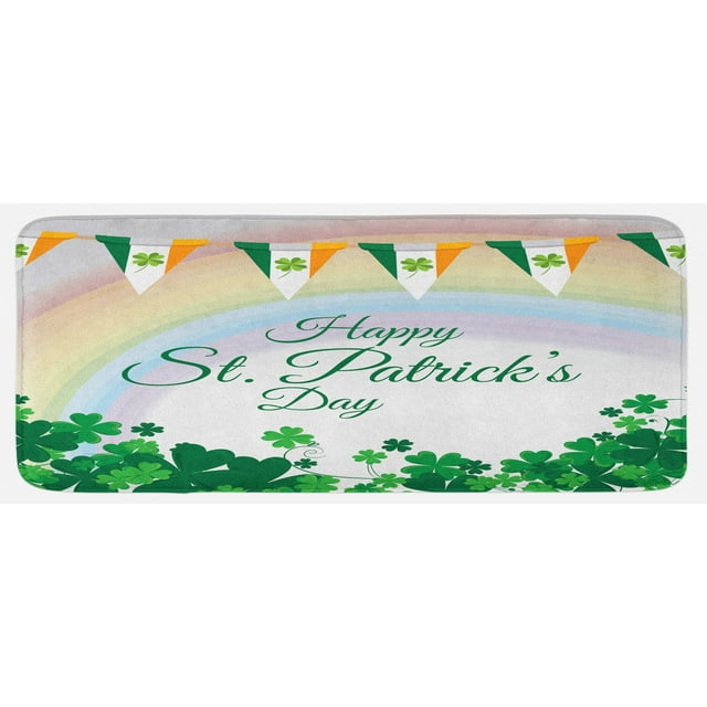 St. Patrick's Day Kitchen Mat, Celebration Greeting with Rainbow and Flags Lucky Clovers Shamrock Plant, Plush Decorative Kitchen Mat with Non Slip Backing, 47" X 19", Multicolor, by Ambesonne