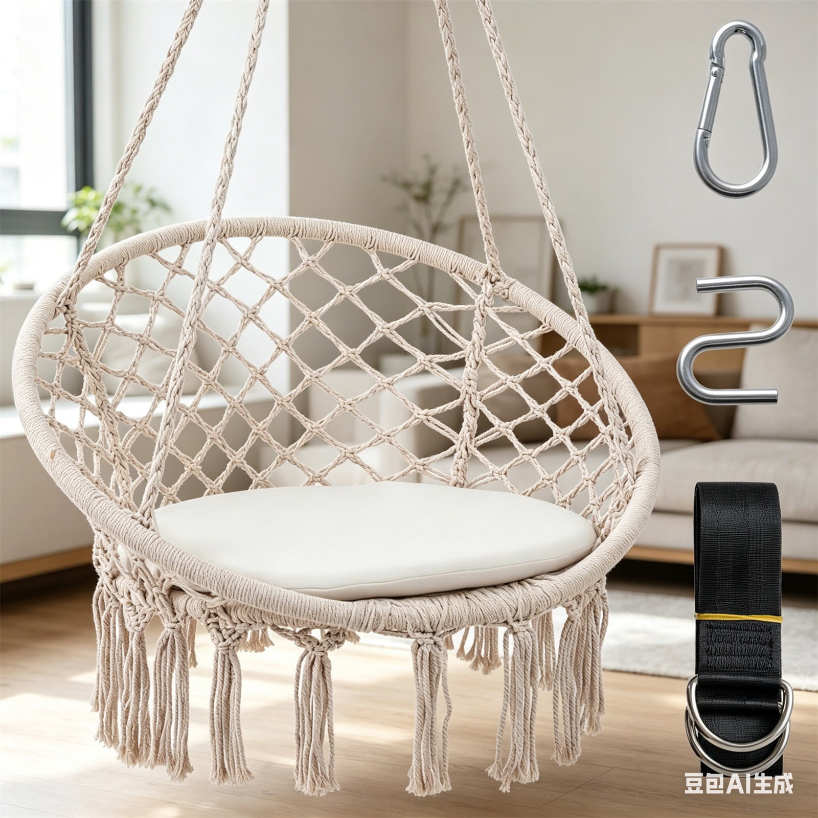 Hommoo Macrame Swing Chair Hammock Chair with Round Cushion Seat, Handmade Knitted Relax Hanging Cotton Rope Chair for Home, Beige