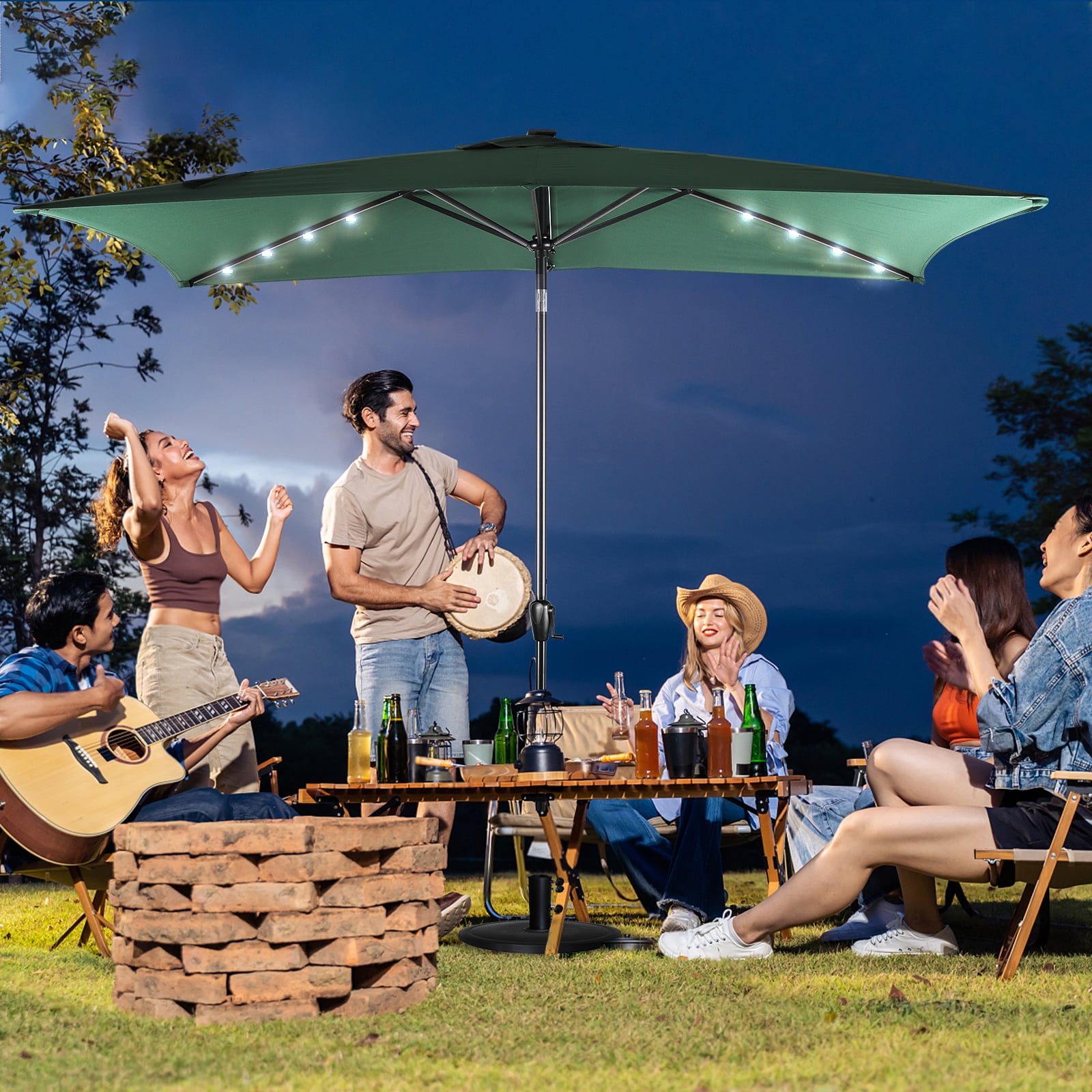 Sun-Ray 6.6x10 FT Solar LED Rectangular Patio Umbrella with Push-Button Tilt and Hand Crank Canopy Lift, Table Umbrella with Solution Dyed Navy Fabric for Porch, Deck, Garden, and Swimming Pool, Green