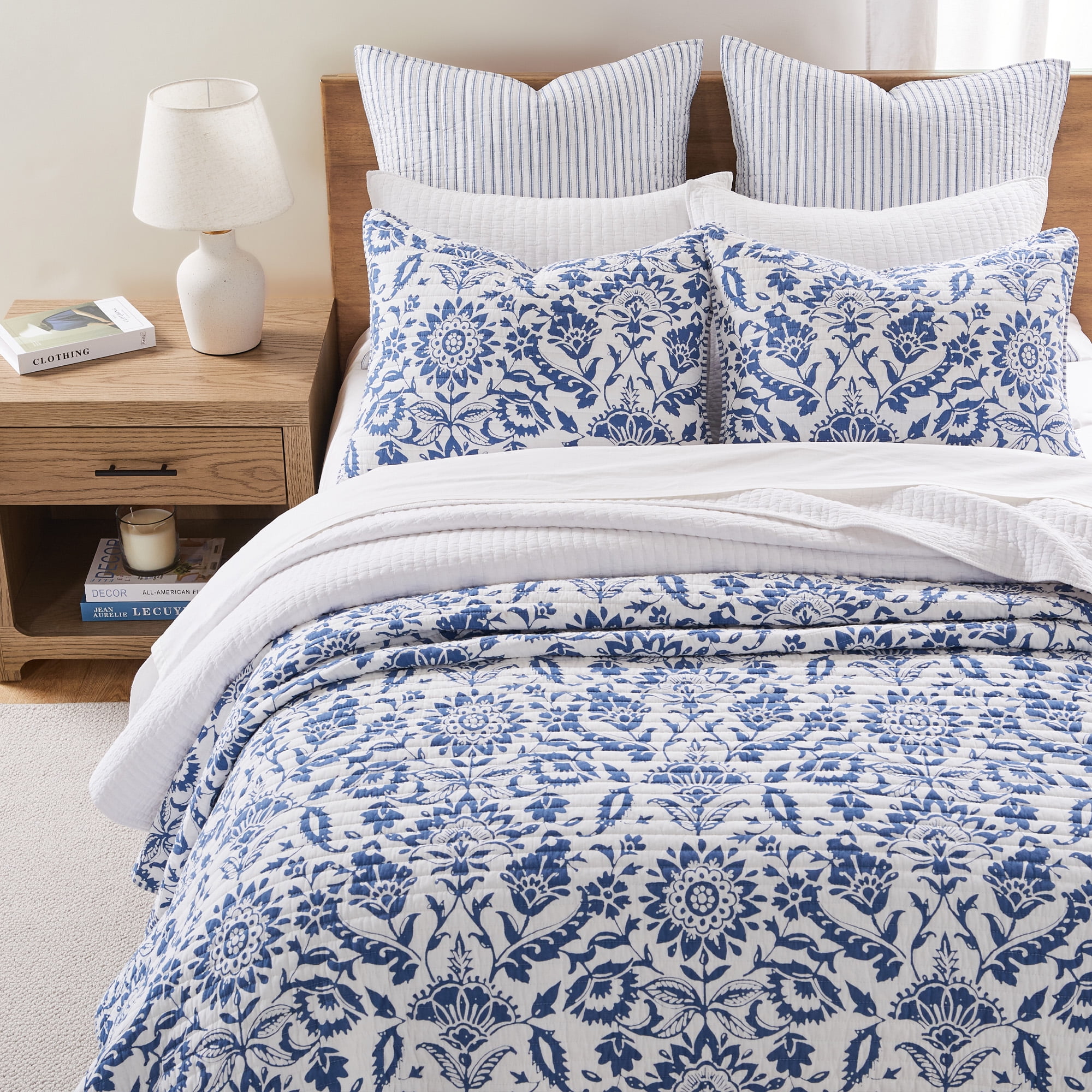 Levtex Home Clara Blue 3-Pieces White Floral Quilt Bedding Sets, King