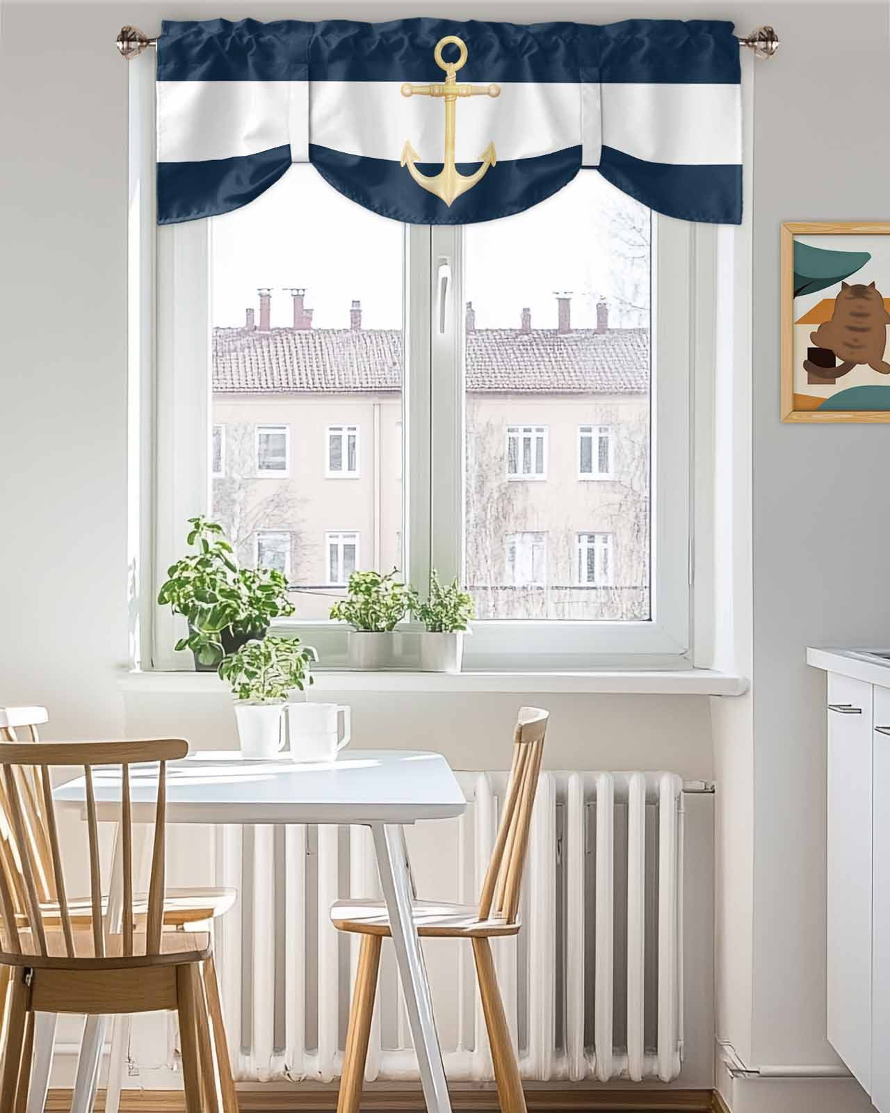 Navy Blue Tie Up Valances Curtain, Stripe Gold Anchor Pattern Kitchen Valances for Windows Decor, Rod Pocket Short Curtains Set for Bedroom/Bathroom, 54"x18"