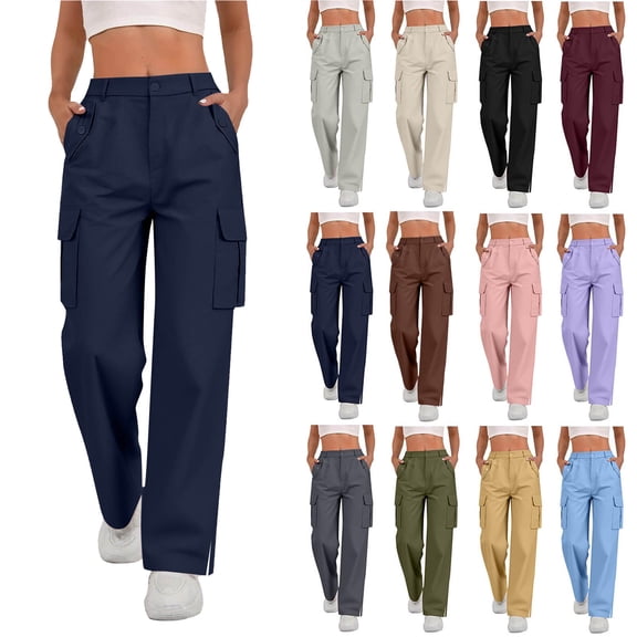 Pants for Women Women's Baggy Cargo Pants Ndbuld Fashion Pants Women Ladies Solid-color Stretch Belt Long Pants String Button Pockets Pants Trousers Navy 2XL