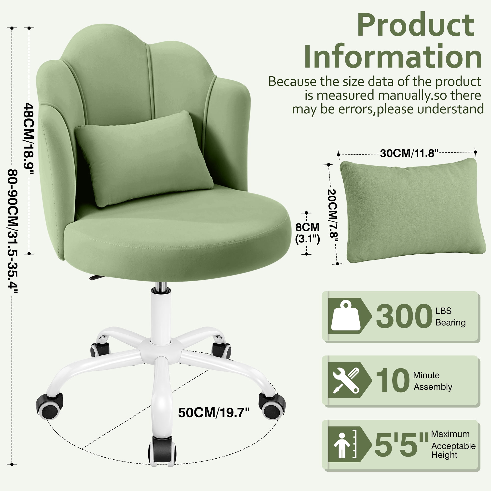 COOLHUT Vanity Chair, Velvet Petal Vanity Makeup Chair with Lumber Support, Home Office Desk Chair with Wheels, Height Adjustable Computer Work Chair for Bedroom, Living Room, Green