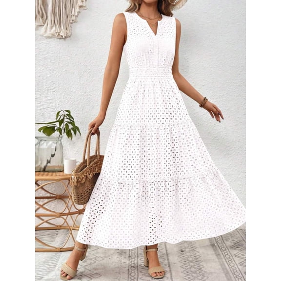 White Womens Sleeveless V-Neck Eyelet A-Line Maxi Sundress Flowy Summer Dress