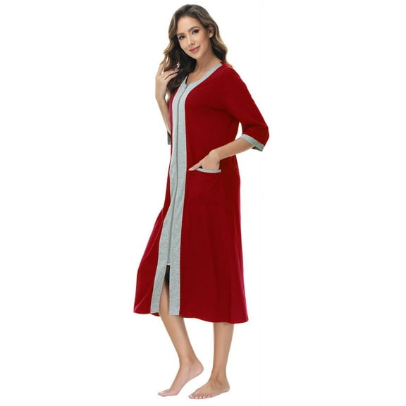 Women Zipper Robe, PUTUO Robes for Women, Soft Robe with Pockets Nightgown 3/4 Sleeves Zipper Front Womens Robes Lightweight Housecoat