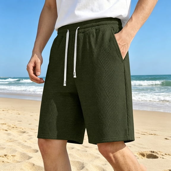 WIZUTIZ Men's Casual Shorts Summer Solid Color Breathable Herringbone Texture Drawstring Elastic Waist Mid-Length Bottoms Soft Polyester for Outdoor Daily Lounging Mens Fashion