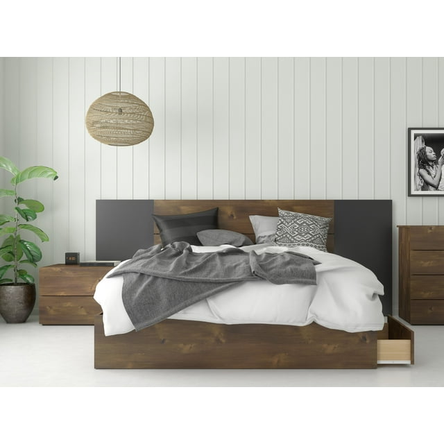 Nexera 4-Piece Bedroom Set With Bed Frame, Headboard, Extension Panels & Nightstand In Queen|Truffle & Black