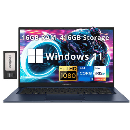 ASUS Vivobook 14" FHD Anti-glare Laptop, Intel i3-1215U, 16GB RAM, 256GB SSD, Intel Iris Xe Graphics, HD Camera, WiFi 6E, Bluetooth, Win 11, Quiet Blue,128GB Docking Station Set