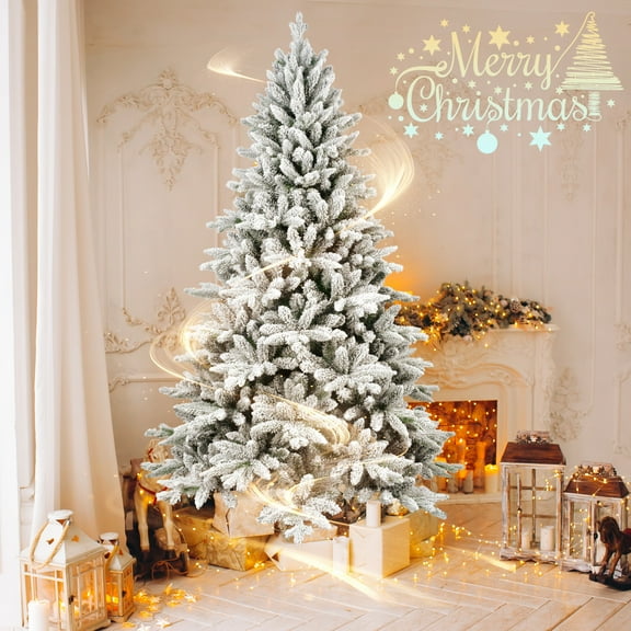 Yoneston 6ft Flocked Christmas Tree, Artificial Christmas Tree with Snow, Snowy Hinged Christmas Tree with 1100 Branch Tips, Unlit Frosted Xmas Tree with Metal Stand for Party, Holiday, Home, White