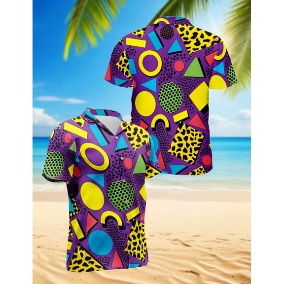 80s Pattern Hawaiian Shirt for Men, Button Down Summer Beach Short Sleeve, Retro Style, S-5XL
