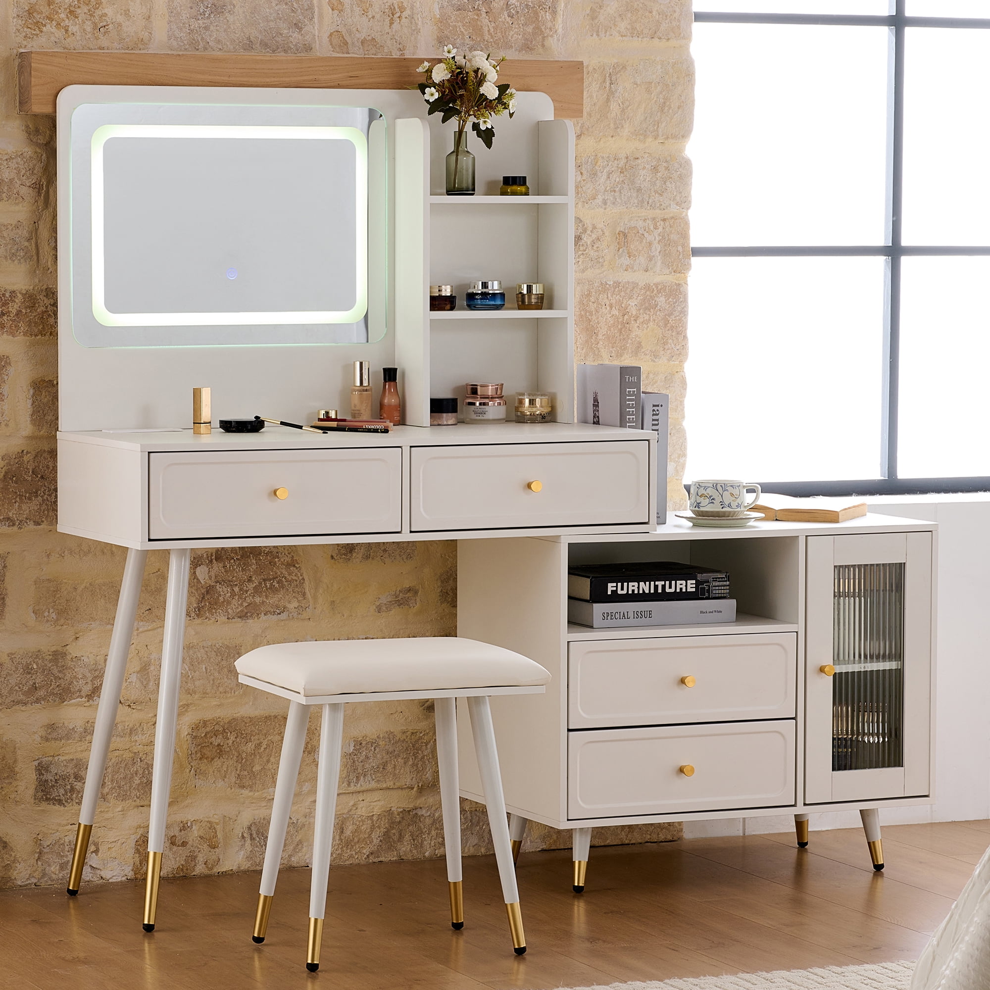 Yoneston Vanity Set with LED Lighted Mirror, 4 Storage Drawers, Movable Cabinet & Upholstered Stool, Makeup Table Set with Charging Station for Bedroom, White