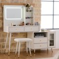 thumbnail image 2 of Yoneston Vanity Set with LED Lighted Mirror, 4 Storage Drawers, Movable Cabinet & Upholstered Stool, Makeup Table Set with Charging Station for Bedroom, White, 2 of 8