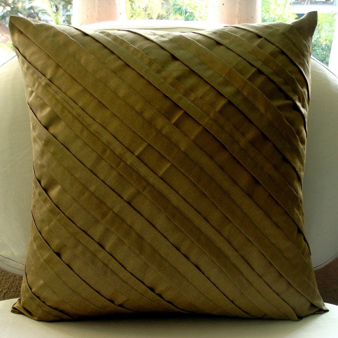Cushion Covers For Couch, 24x24 Pillow Cover Green, Designer Earth Green Pillow Shams, Pintucks Textured Pillow Shams, 24x24 inch (60x60 cm) Pillow Sham, Square Silk - Earthy Affair
