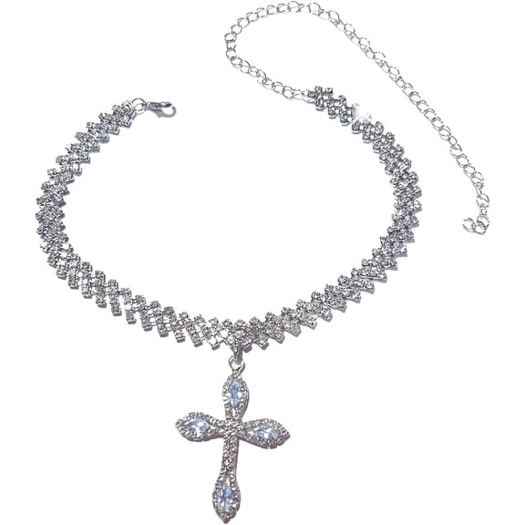 Silver cross Cuban Link Chain Necklace for Women ，hinestone cross pendant necklace and silver religious necklace