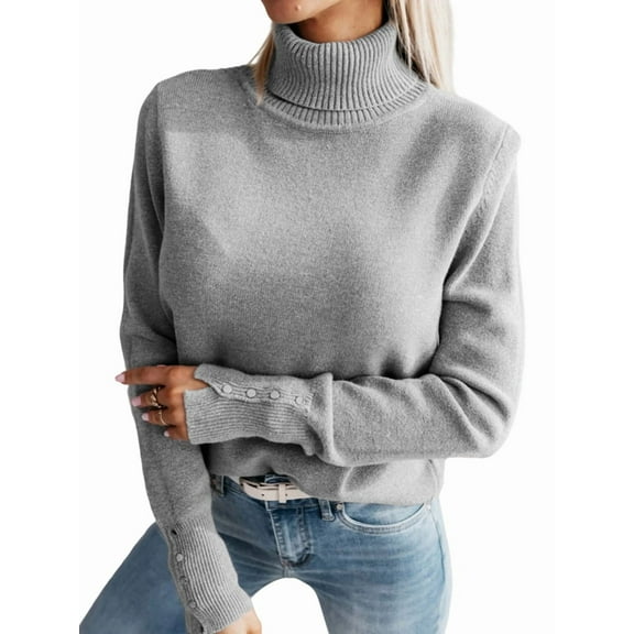 Women'S Elegant Lapel Long Sleeve Knitted Sweater Autumn and Winter Solid Color Button Pullover Sweater Top Grey L