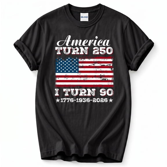 America Turns 250 I Turn 90 T-Shirt – Patriotic 90th Birthday Theme – Independence Day Gift