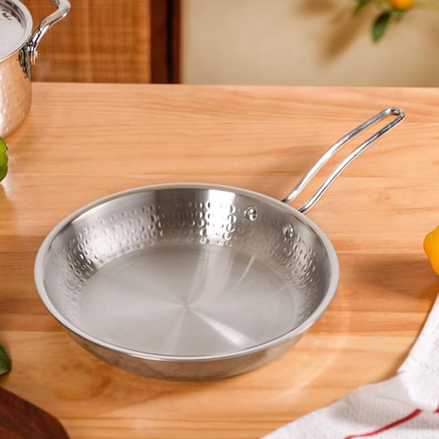 Triply Hammered Stainless Steel Frying Pan - 1750ml, Silver | Heavy Bottom Steel Pan For Cooking, Frying Or Sauteing - Induction & Gas Stove Friendly Fry Pan