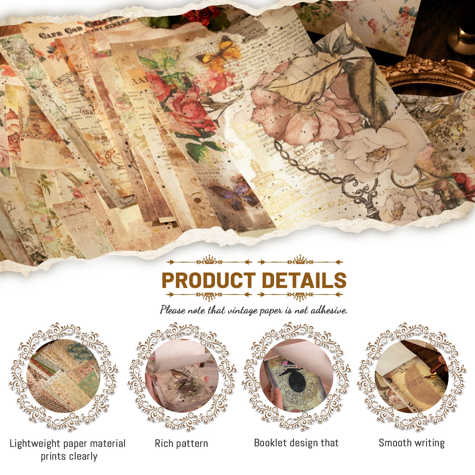 Sekonow 600 Sheets Scrapbook Paper, Vintage Scrapbooking Supplies for Journaling Junk Journal Craft Decoupage Paper, Wall Collage Kit Cottagecore Aesthetic Room Decor Vintage Decor, Style A