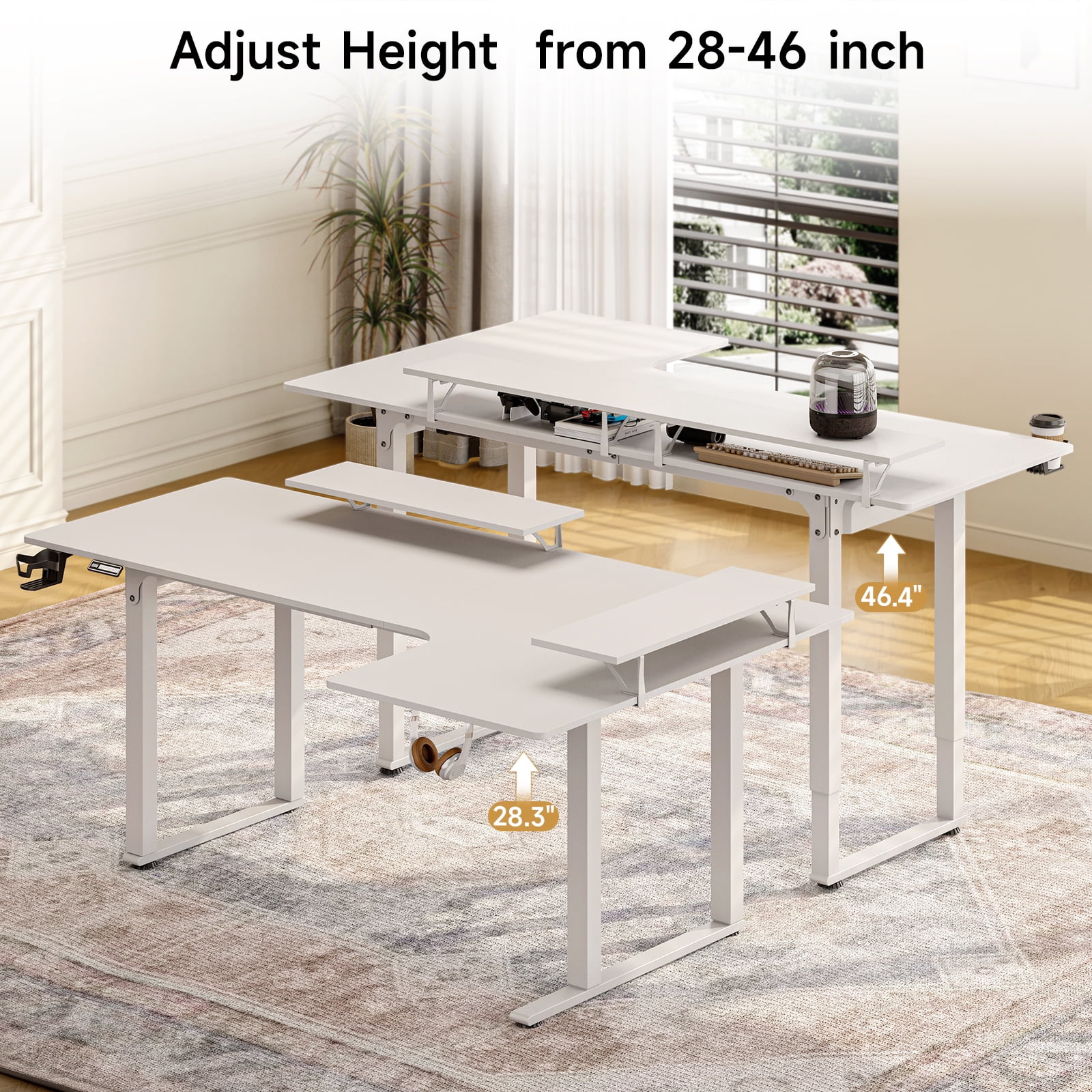 63x43 Inches L Shaped Standing Desk, Electric Stand Up Desk with 2 Adjustable Monitor Shelves, White