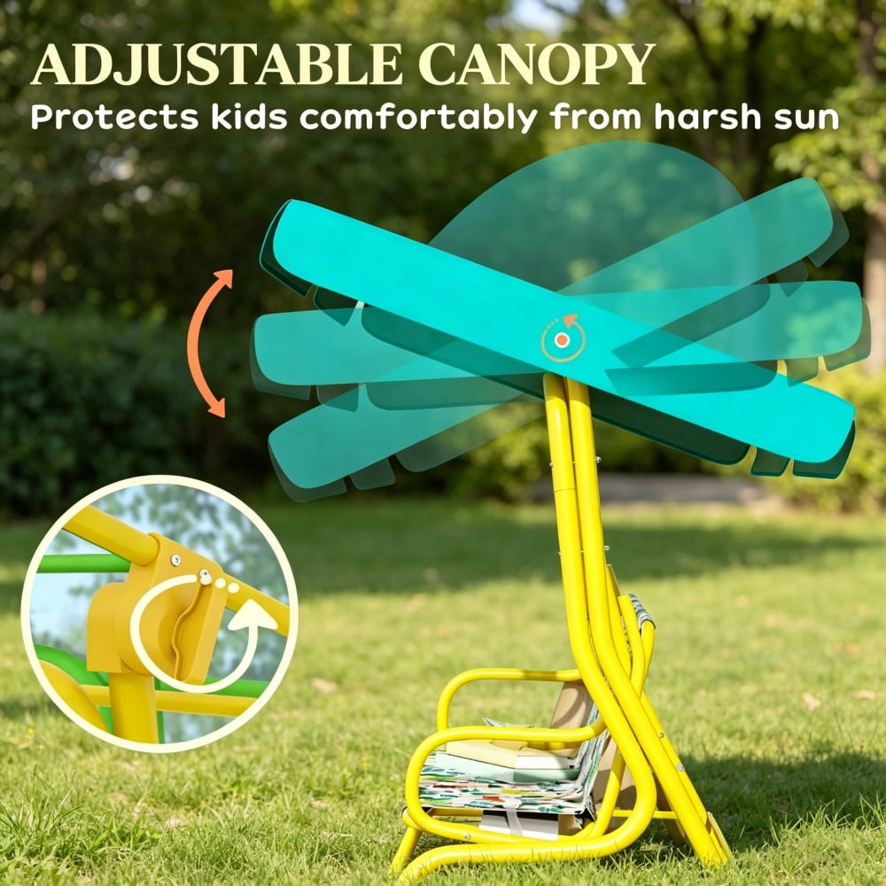 Green & White Kids Swing Chair with Jungle Animal Pattern, Heavy-Duty Steel Frame, 90° Adjustable Canopy, 132lbs Capacity for 3-6 Years Old (Outdoor/Indoor)