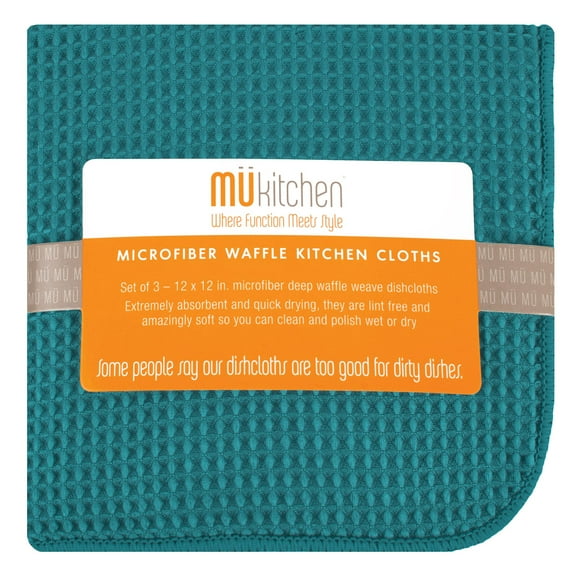 MUkitchen Microfiber Waffle Dishcloth, 12 by 12-Inches, Set of 3, Sea Blue