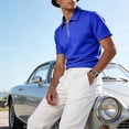 thumbnail image 2 of OGLCCG Men's Quarter-Zip Golf Shirts Lapel Collared Jacquard Short Sleeve Pullovers Casual Solid Color Business Tee Tops,XXL,Blue, 2 of 7