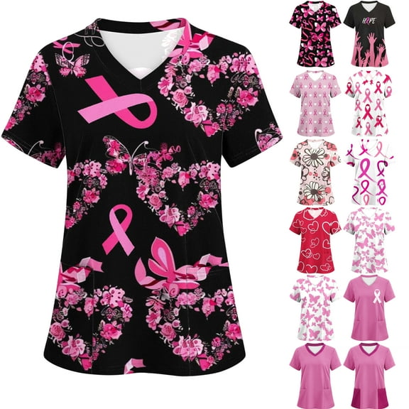 Feancey Nursing Scrubs for Women Breast Cancer Scrub Tops Pink Ribbon Print Short Sleeve V Neck T-Shirts Cancer Awareness Working Uniforms Multicolor XL